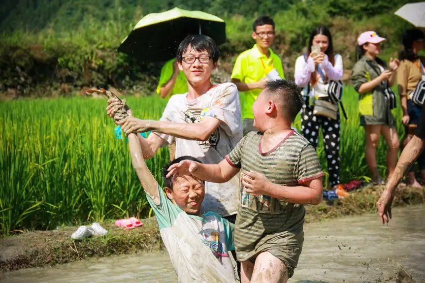 Students participating in an educational field activity
